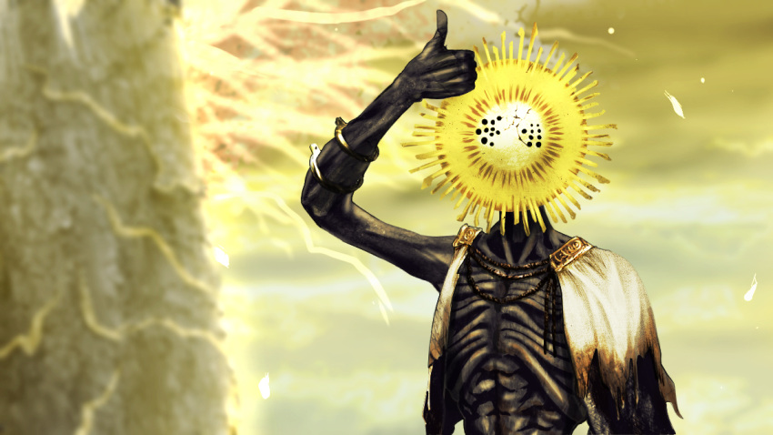 1boy, arm_up, bracelet, cape, colored_skin, elden_ring, emaciated, erdtree_(elden_ring), facing_viewer, giant_tree, glowing_tree, gold_armband, gold_bracelet, goldmask's_mask, goldmask_(elden_ring), grey_skin, jewelry, male_focus, mask, sasu, sky, solo, thumbs_up, torn_cape, torn_clothes, tree, upper_body, white_cape, yellow_sky
