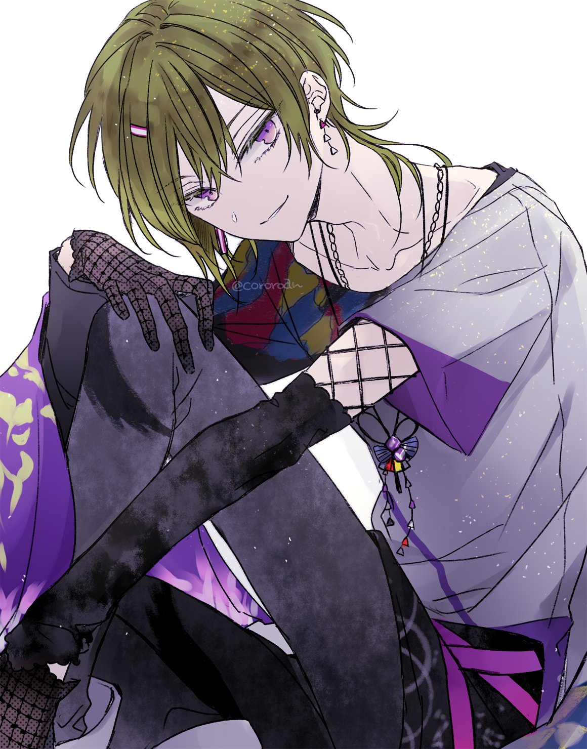 1boy, bent_back, black_gloves, black_pants, black_sleeves, chain, chain_necklace, closed_mouth