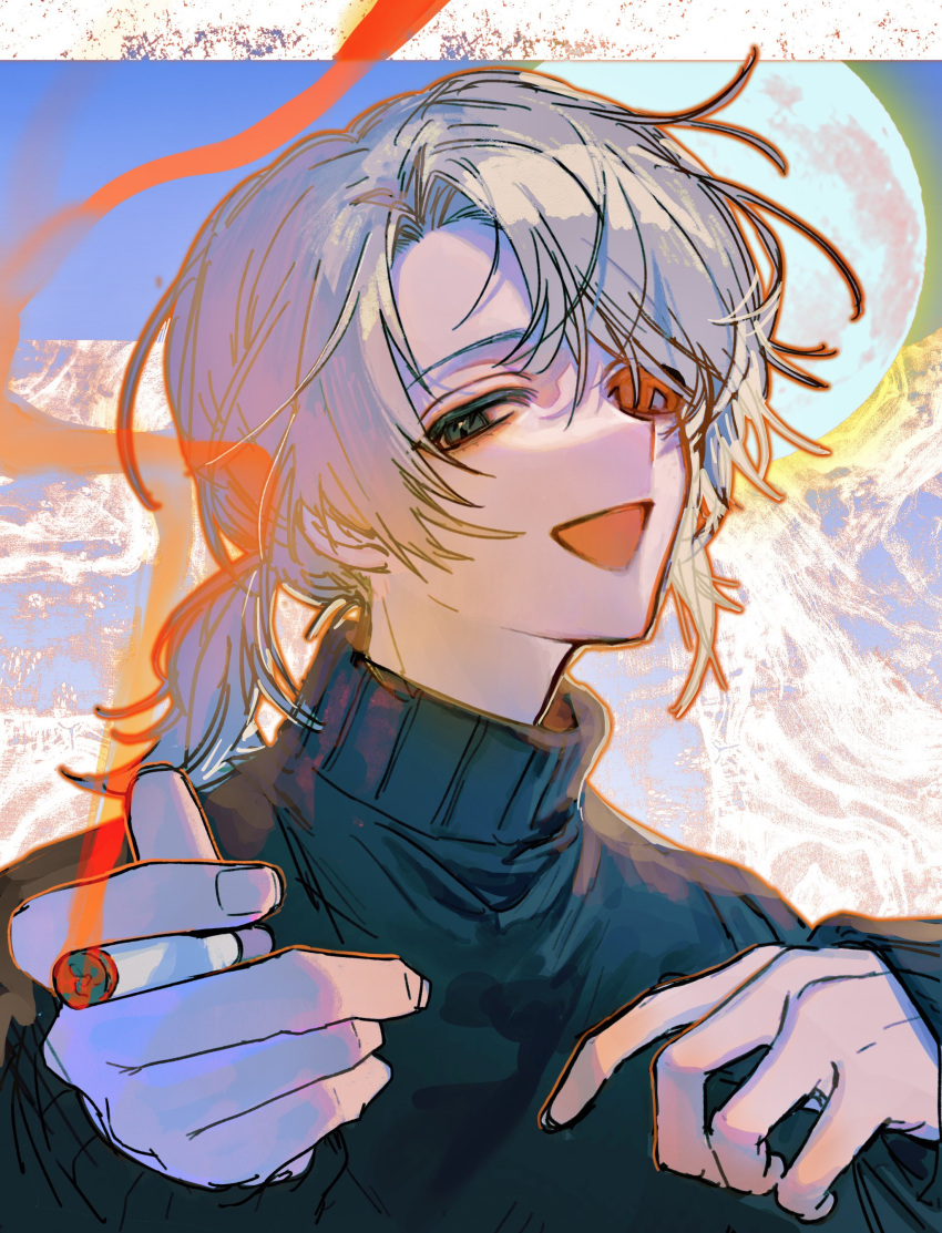 1boy, absurdres, black_sweater, blue_background, character_request, cigarette, colored_smoke, commentary