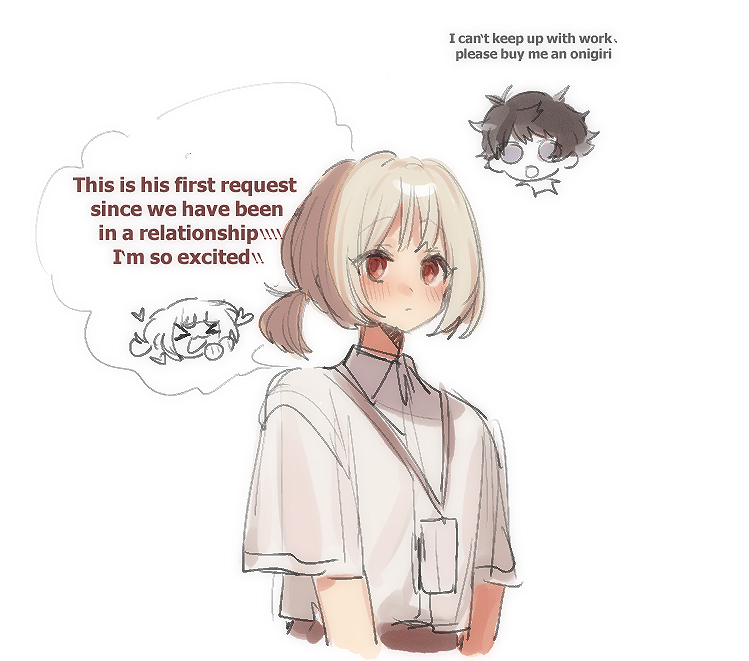 2boys, akinashi_haru, arms_at_sides, blush, chibi, chibi_inset, doodle_inset, english_text, heart, id_card, implied_yaoi, kaname_momo, lanyard, low_ponytail, male_focus, multiple_boys, polo_shirt, ponytail, red_eyes, saihate_eki, shirt, short_sleeves, simple_background, solo_focus, speech_bubble, tatsunami_shion, thought_bubble, upper_body, white_background, white_hair, white_shirt