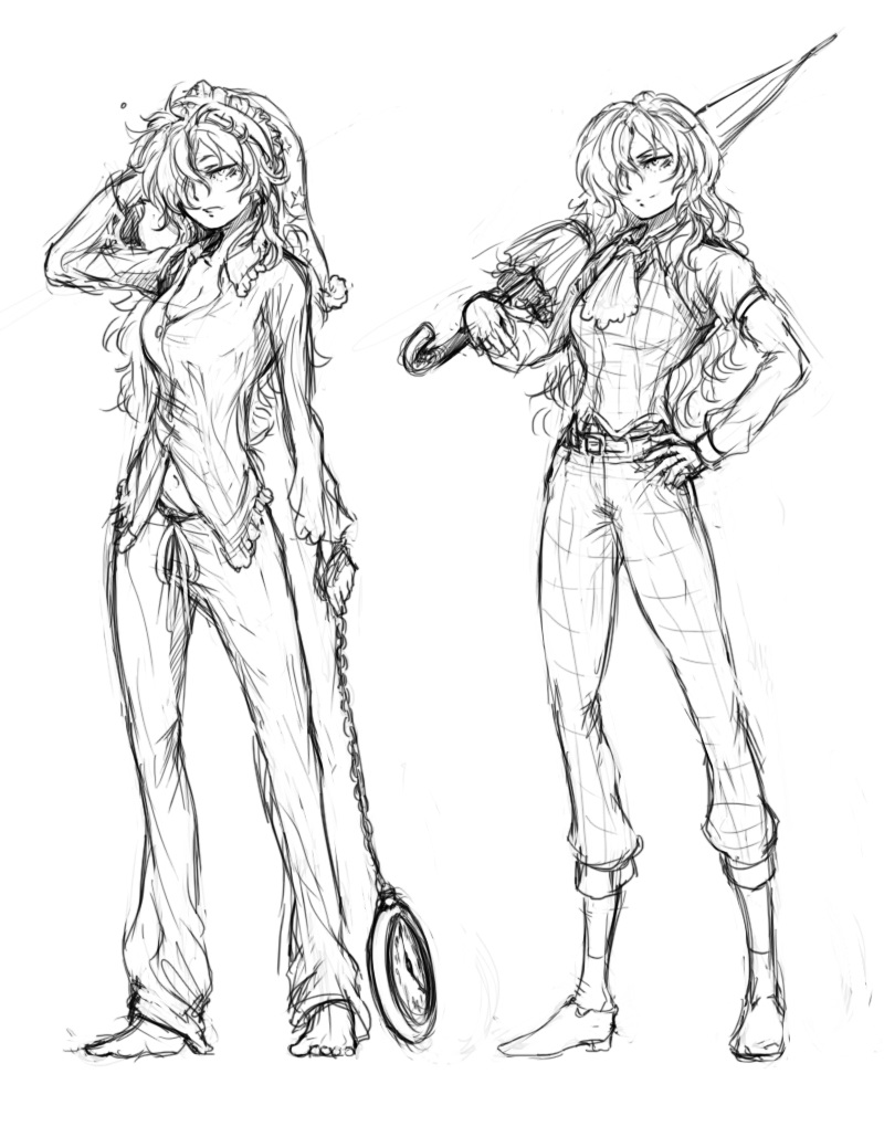bad_id, clock, hair_over_one_eye, hat, kazami_yuuka, kazami_yuuka_(pc-98), kurkoboltsi, long_hair, monochrome, pajamas, pants, sketch, touhou, touhou_(pc-98), traditional_media, umbrella, youkai