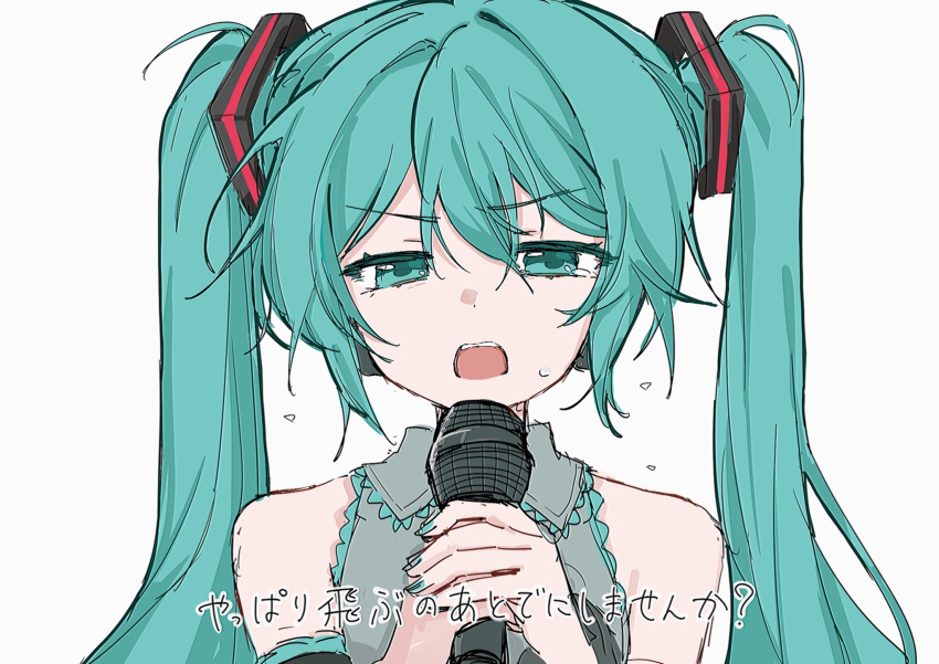 1girl, aqua_eyes, aqua_hair, aqua_necktie, bare_shoulders, blue_nails, grey_shirt, hair_between_eyes, hair_ornament, hatsune_miku, highres, long_hair, microphone, necktie, open_mouth, shirt, simple_background, sleeveless, sleeveless_shirt, sweatdrop, vocaloid, yukia_1128