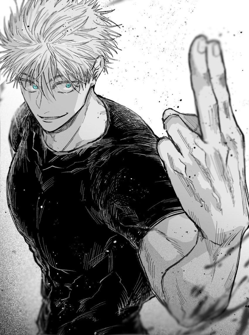 1boy, blue_eyes, closed_mouth, commentary_request, compression_shirt, covered_pectorals, gojou_satoru, greyscale