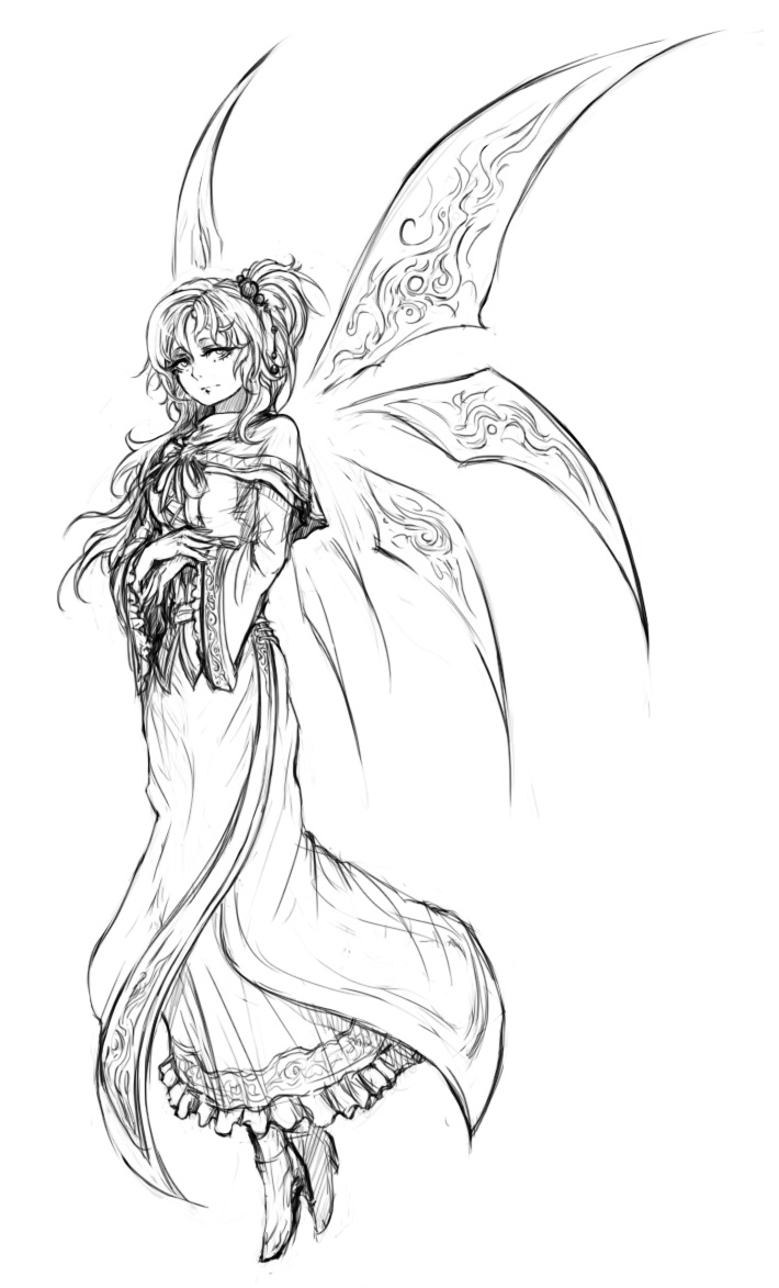 bad_id, capelet, goddess, hair_bobbles, hair_ornament, high_heels, kurkoboltsi, monochrome, shinki, shoes, sketch, solo, touhou, traditional_media, wings