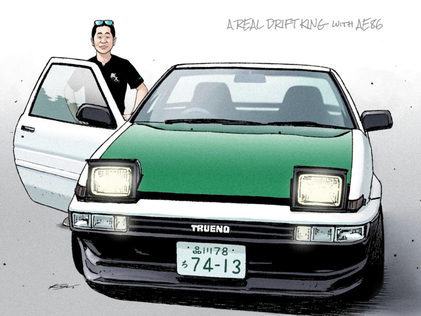 1boy, black_hair, black_shirt, car, commentary, english_commentary, english_text, eyewear_on_head