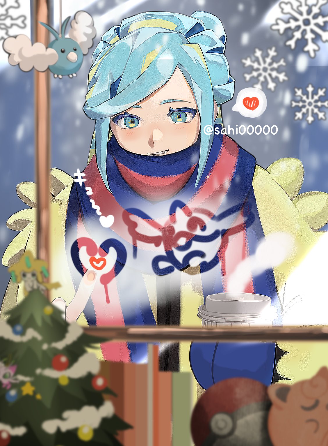1boy, alternate_color, artist_name, bird, blue_eyes, blue_hair, blurry, blurry_foreground