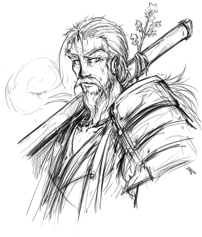 bad_id, beard, bust, facial_hair, konpaku_youki, konpaku_youki_(ghost), kurkoboltsi, monochrome, scabbard, sheath, simple_background, sketch, sode, solo, touhou, traditional_media