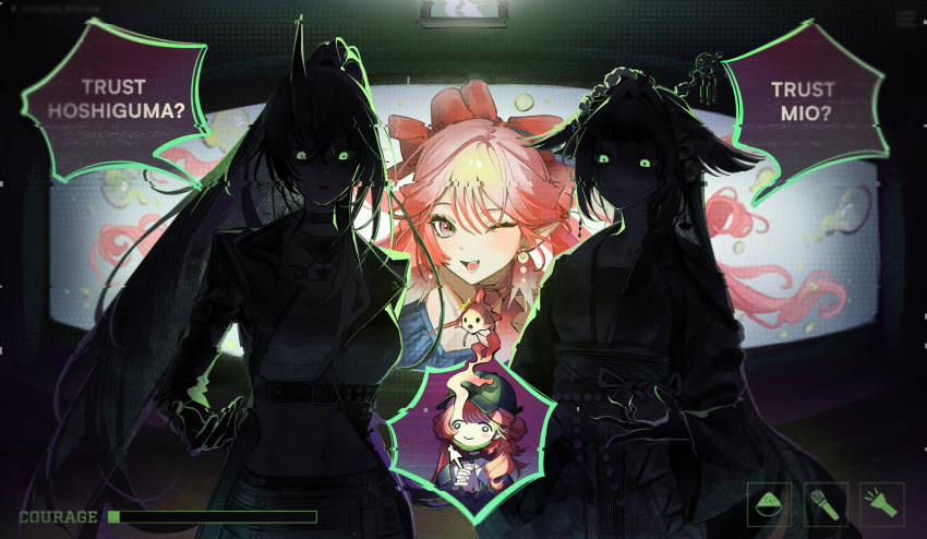 3girls, @_@, absurdres, arknights, backlighting, commentary, cowboy_shot, english_text