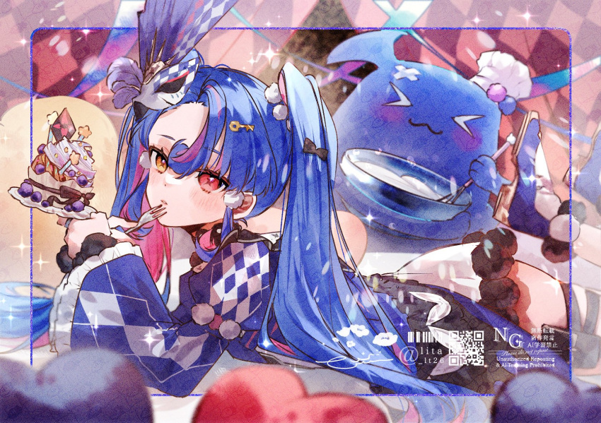 1girl, blue_hair, cake, coat, commentary, food, fork, heterochromia