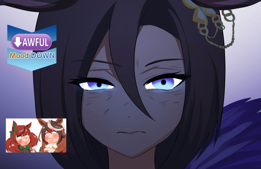 3girls, :s, absurdres, air_groove_(empress_road)_(umamusume), air_groove_(umamusume), animal_ears, ascot, black_hair