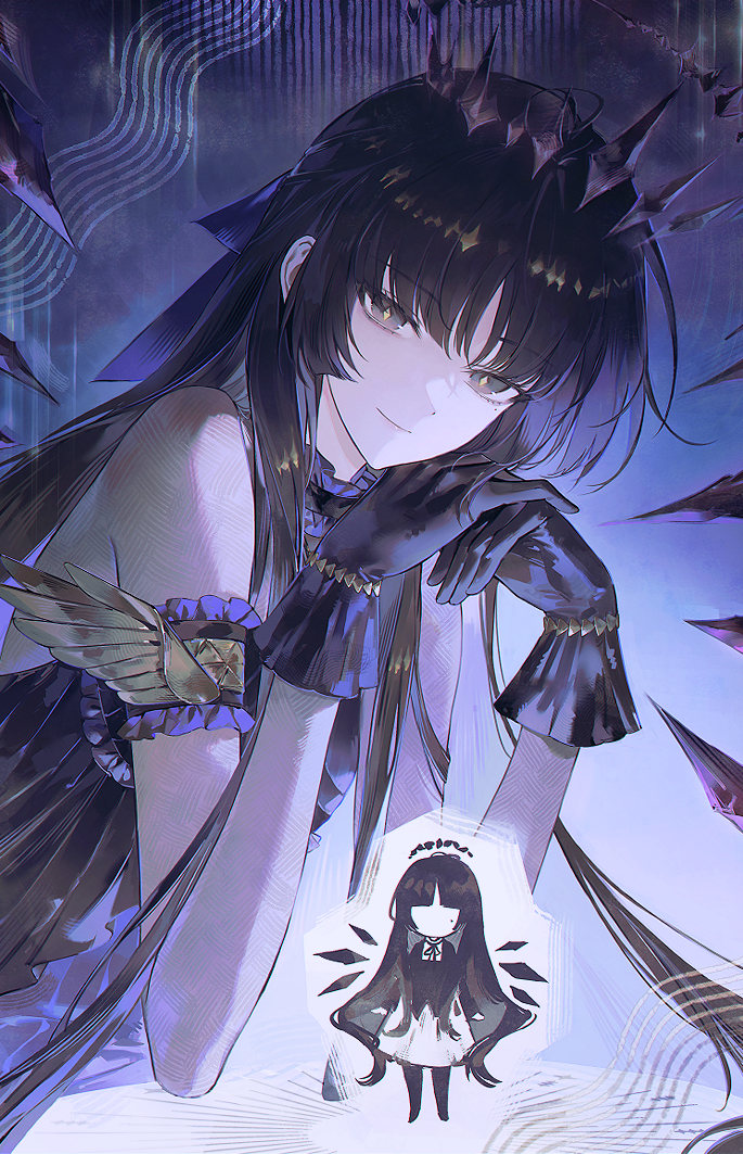 1girl, arknights, bare_shoulders, black_dress, black_eyes, black_gloves, black_hair, blunt_bangs