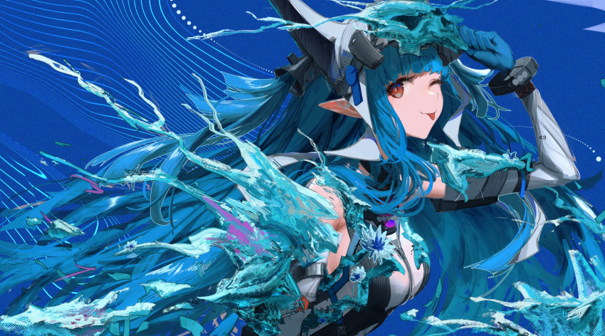 1girl, absurdres, arknights, arknights:_endfield, bare_shoulders, blue_background, blue_gloves, blue_hair