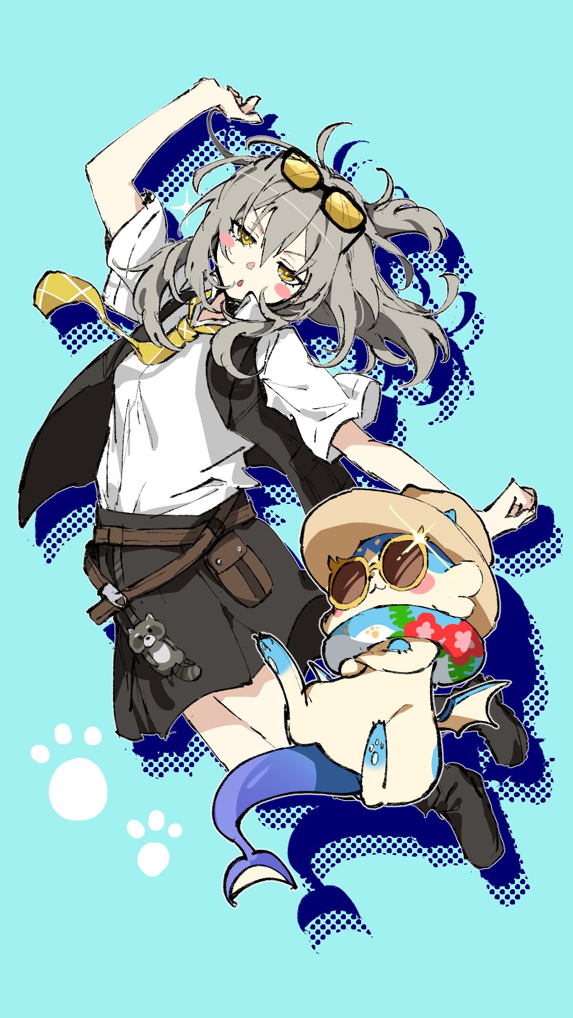 1girl, aktkskr, arm_up, belt, belt_pouch, black_boots, black_skirt, black_vest
