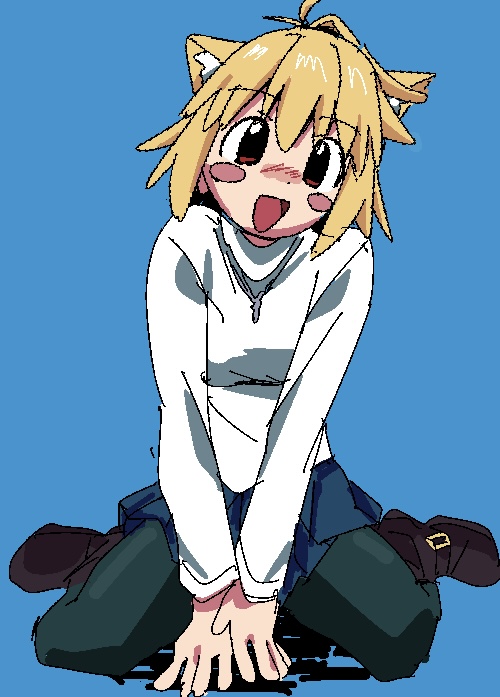 1girl, :d, animal_ear_fluff, animal_ears, arm_support, black_pantyhose, blue_background, blue_skirt, blush, blush_stickers, boots, brown_boots, buckle_boot, cat_ears, cat_girl, facing_viewer, jewelry, miniskirt, moyosan, necklace, pantyhose, sitting, skirt, smile, sweater, tsukihime, tsukihime_(remake), turtleneck, turtleneck_sweater, wariza, white_sweater