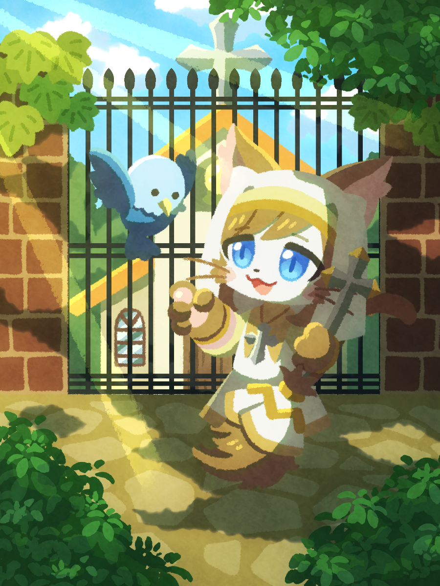 1girl, :3, animal_ears, animal_hands, bird, blonde_hair, blue_eyes, brick_wall