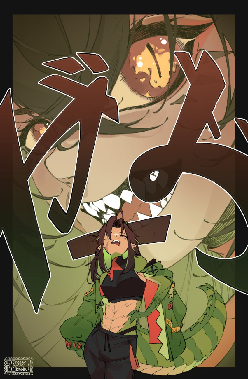 1girl, beastiez, black_pants, black_shirt, brown_hair, colored_inner_hair, colored_sclera, crocodile_girl