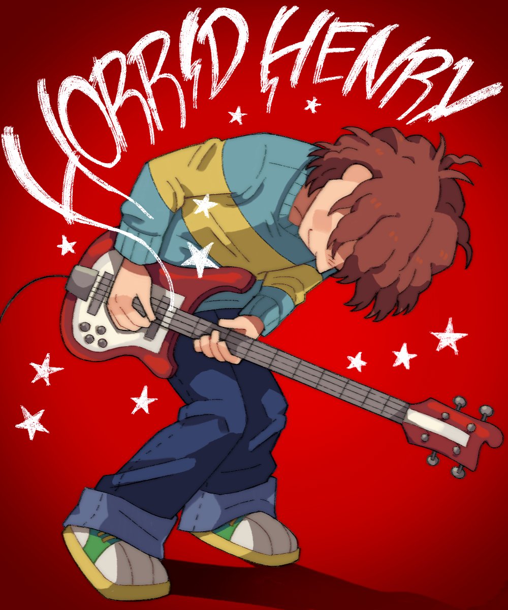 1boy, blue_shirt, brown_hair, electric_guitar, guitar, hashtag-only_commentary, highres, holding, holding_guitar, holding_instrument, horrid_henry, horrid_henry_(character), instrument, krikzilla, male_focus, messy_hair, parody, red_background, scott_pilgrim_(series), shirt, short_hair, smile, solo