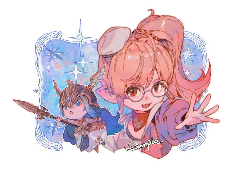 1girl, 2girls, beret, blue_eyes, blue_hair, chinese_commentary, commentary_request, commission, deformed, final_fantasy, final_fantasy_xiv, glasses, halone, hat, helmet, highres, holding, holding_polearm, holding_weapon, lalafell, looking_at_viewer, mellowsong, multiple_girls, open_mouth, pink_hair, pointy_ears, polearm, red_eyes, sample_watermark, warrior_of_light_(ff14), watermark, weapon, white_hat, winged_helmet