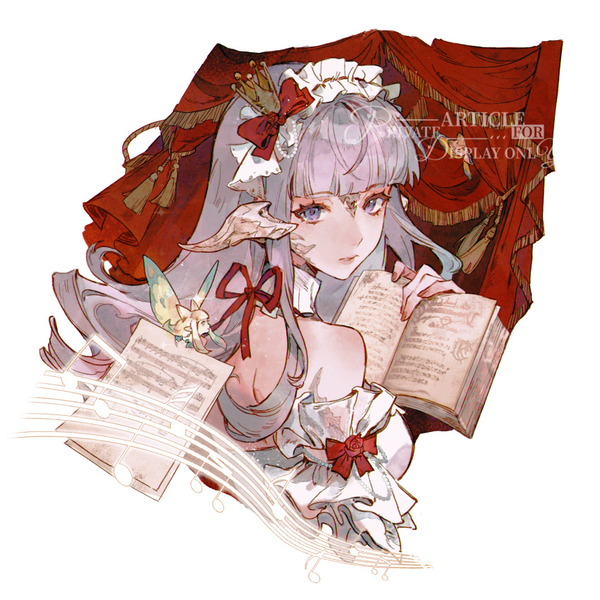 2girls, aura, blunt_bangs, bow, commission, cropped_torso, crown, eos_(ff14), fairy, fairy_wings, final_fantasy, final_fantasy_xiv, frilled_hairband, frills, grey_hair, hair_bow, hairband, highres, holding, holding_paper, long_hair, looking_at_viewer, looking_back, mellowsong, mini_crown, multiple_girls, musical_note, musical_staff, paper, parted_lips, red_bow, red_ribbon, ribbon, scarf, sheet_music, violet_eyes, warrior_of_light_(ff14), watermark, white_hairband, white_scarf, wings