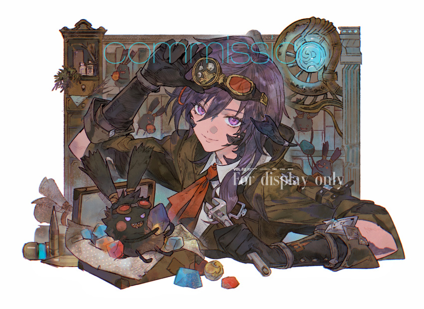 1girl, absurdres, adjusting_goggles, aura, black_gloves, closed_mouth, commission, creature
