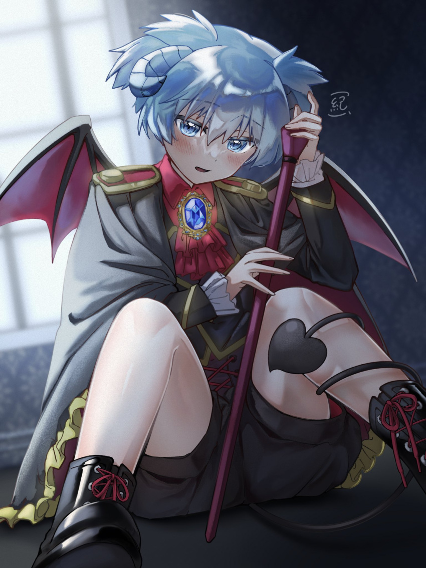 1boy, alternate_costume, ankle_boots, ansatsu_kyoushitsu, ascot, black_boots, black_cape, black_shorts, black_vest, blue_eyes, blue_gem, blue_hair, blurry, blurry_background, blush, boots, cane, cape, collared_shirt, cross-laced_clothes, cross-laced_shorts, curled_horns, damask, demon_boy, demon_horns, demon_tail, epaulettes, frilled_cape, frilled_sleeves, frills, from_below, full_body, gem, gold_trim, hair_between_eyes, head_tilt, heart, heart_tail, highres, holding, holding_cane, horns, indoors, knees_up, lace-up_boots, long_sleeves, looking_at_viewer, male_focus, ngsso9q, open_mouth, puffy_shorts, red_ascot, red_shirt, shiota_nagisa, shirt, short_twintails, shorts, sitting, solo, tail, tail_around_own_leg, twintails, vest, wallpaper_(object), window