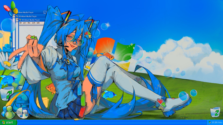 1girl, absurdly_long_hair, absurdres, ahoge, ankle_strap, blue_eyes, blue_hair, blue_necktie