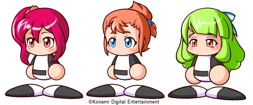 3girls, artist_request, baseball_uniform, black_shirt, black_shoes, blue_bow, bow, copyright_notice, folded_ponytail, hair_between_eyes, hair_bow, hair_ornament, hasshaku_fumiko, jikkyou_powerful_pro_yakyuu, jikkyou_powerful_pro_yakyuu_(style), kogarashi_ryou, misono_chika, multicolored_bow, multicolored_shirt, multicolored_shoes, multiple_girls, no_mouth, official_art, power_pro_appli, rayman_limbs, shirt, shoes, side_ponytail, sportswear, striped_bow, two-tone_shirt, two-tone_shoes, white_background, white_bow, white_shirt, white_shoes