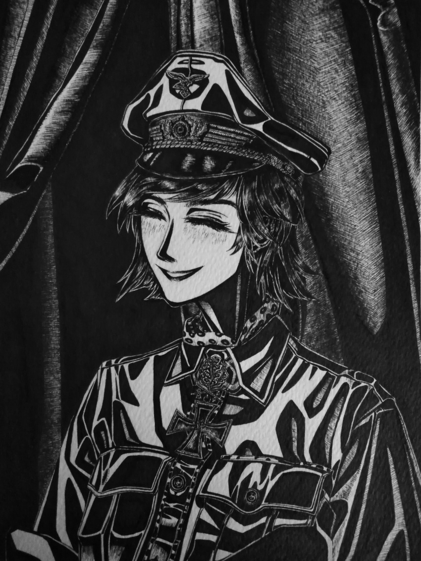 1girl, absurdres, blush, bordfunker133, closed_eyes, cross, curtains, greyscale