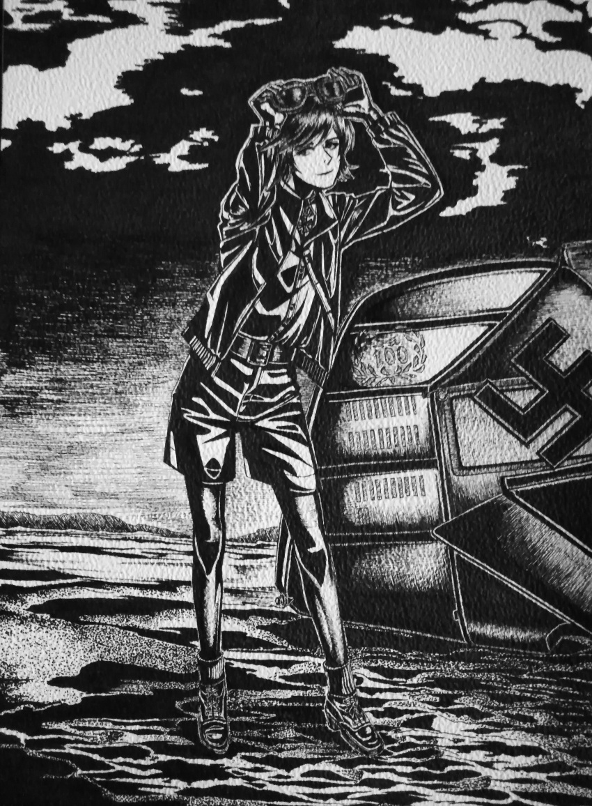 1girl, absurdres, belt, bordfunker133, cross, gloves, greyscale, hans-joachim_marseille