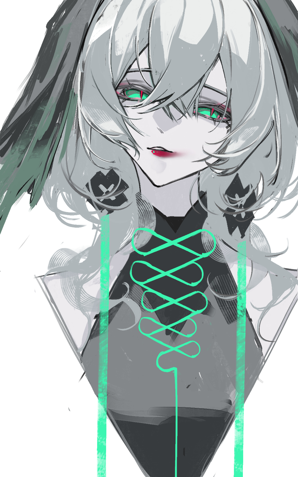 1girl, aqua_eyes, arknights, black_dress, chinese_commentary, commentary, dress, feathered_wings, grey_hair, head_wings, highres, ho'olheyak_(arknights), ho'olheyak_(ritual_of_immortality)_(arknights), medium_hair, snake_girl, solo, wings, xxys3822