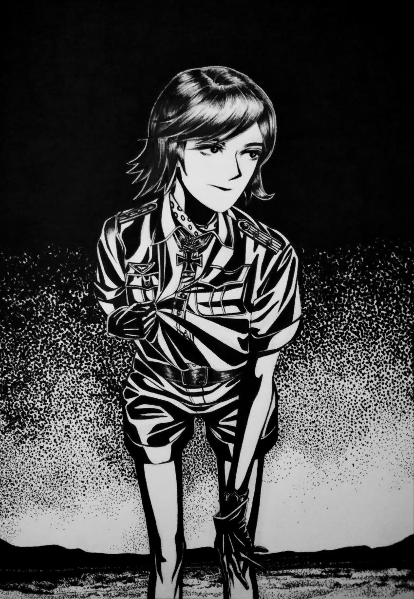 1girl, absurdres, belt, bordfunker133, cross, expressionless, gloves, greyscale