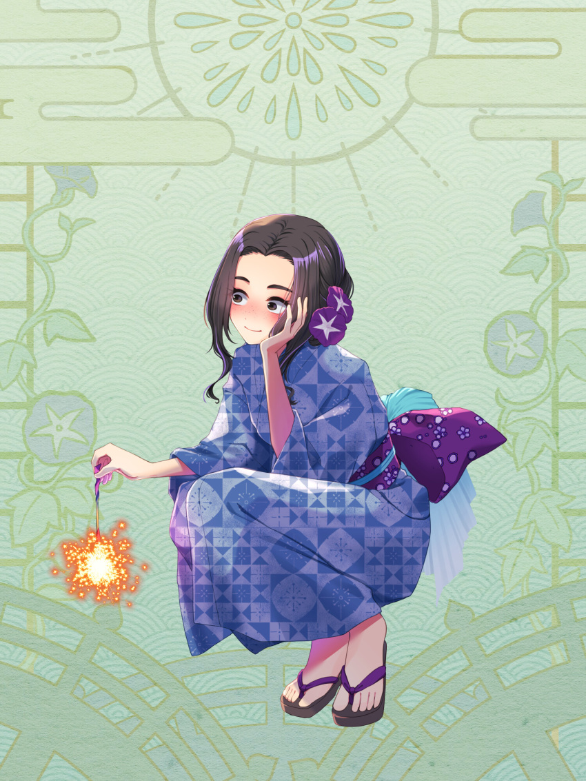 1girl, bad_feet, blue_kimono, blush, brown_eyes, brown_hair, dairoku_ryouhei, fire_ito