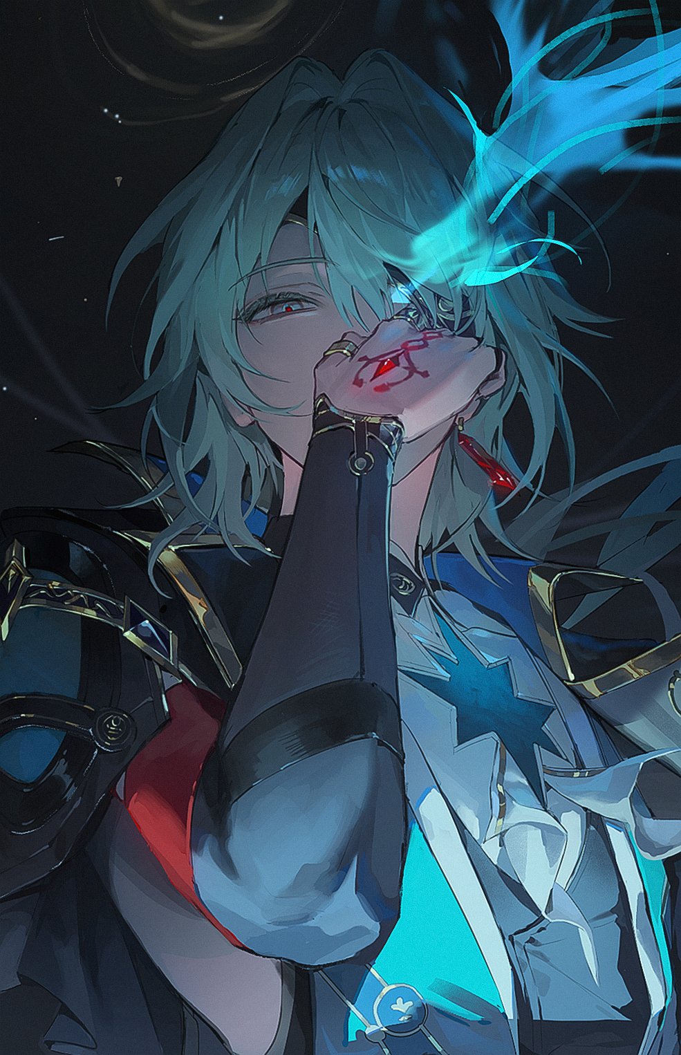 1boy, anaxa_(honkai:_star_rail), aqua_hair, ascot, black_background, black_jacket, blue_eyes, chain, deukdo, earrings, gem, hair_between_eyes, hair_intakes, half-closed_eyes, hand_up, highres, honkai:_star_rail, honkai_(series), jacket, jewelry, lapels, looking_at_viewer, male_focus, mandarin_collar, medium_hair, notched_lapels, one_eye_covered, pink_pupils, red_gem, shirt, side_ponytail, single_earring, solo, upper_body, white_ascot, white_shirt