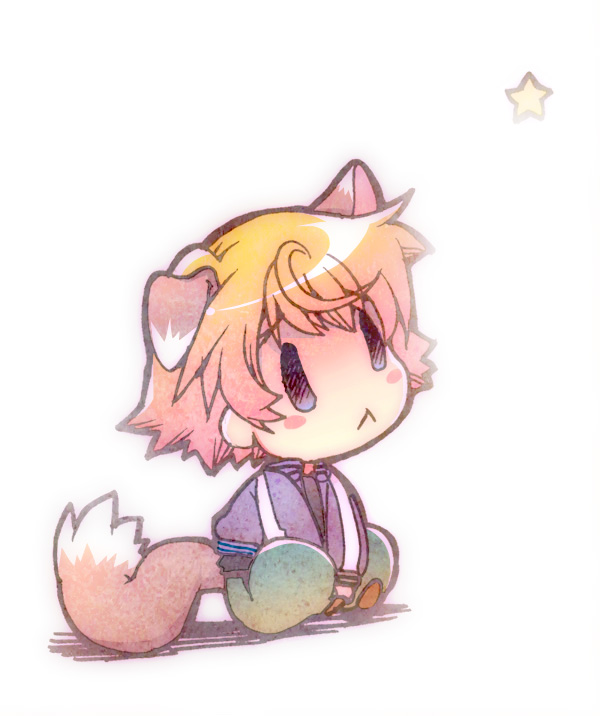 :<, animal_ears, background, blonde_hair, blush_stickers, chibi, fox_ears, fox_tail