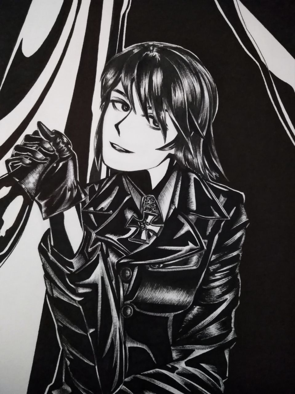 1girl, black_gloves, black_jacket, bordfunker133, collared_shirt, cross, dress_shirt, drunk