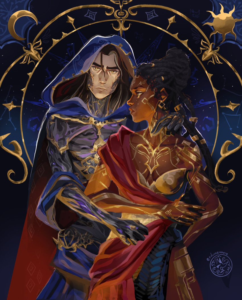 1boy, 1girl, alternate_universe, arcane:_league_of_legends, artist_name, bare_arms, blue_background, blue_cloak