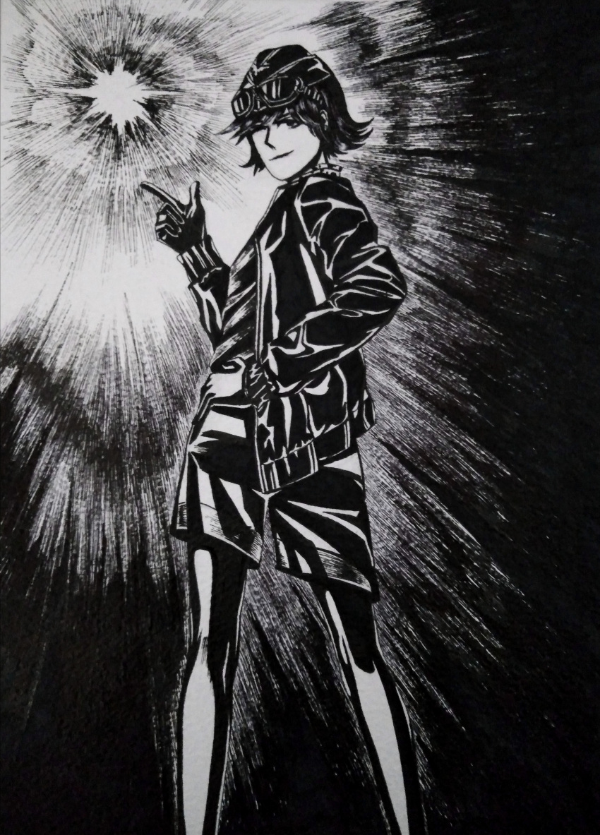 1girl, absurdres, afrika_korps, black_jacket, bordfunker133, clothing_request, cross, explosion