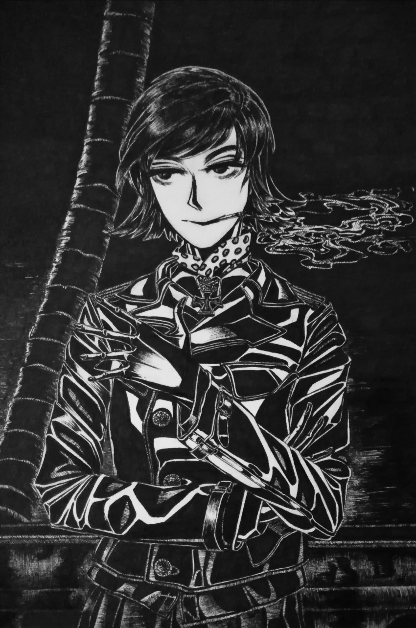 1girl, absurdres, black_gloves, bob_cut, bordfunker133, check_clothing, cigarette, clothing_request, cross, genderswap, genderswap_(mtf), gloves, greyscale, hans-joachim_marseille, highres, iron_cross, jacket, leather, leather_jacket, lipstick, long_sleeves, looking_to_the_side, luftwaffe, makeup, marseille-chan_(bordfunker133), medium_hair, monochrome, narrowed_eyes, nazi, original, real_life, smile, smoke, smoking, solo, world_war_ii