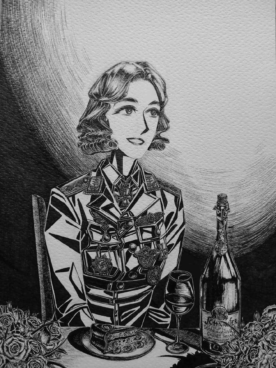 1girl, alcohol, bordfunker133, bottle, breast_pocket, cake, chair, character_name, collar_tabs, cross, cup, curly_hair, dessert, dinner, dress_shirt, drinking_glass, flower, food, genderswap, genderswap_(mtf), greyscale, grin, heinz-wolfgang_schnaufer, highres, iron_cross, jacket, long_sleeves, luftwaffe, military, military_uniform, monochrome, nazi, nazi_party_pin, parted_lips, pocket, real_life, reichsadler, rose, schnaufer-chan_(bordfunker133), shirt, short_hair, shoulder_boards, sitting, smile, soldier, solo, swastika, table, wine, wine_bottle, wine_glass, world_war_ii