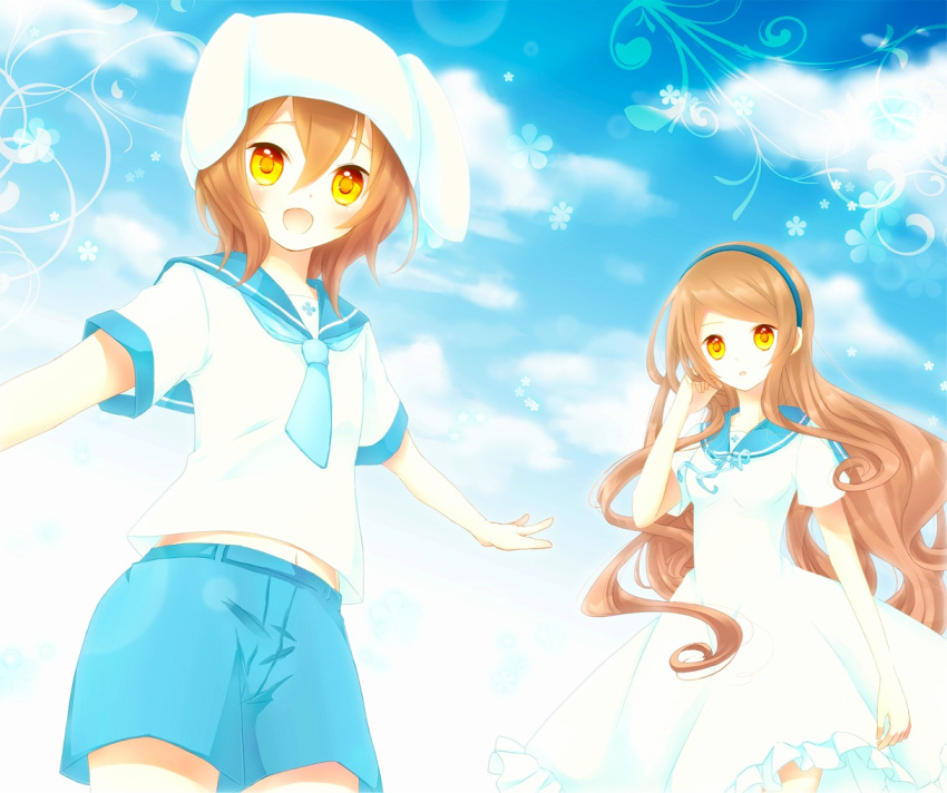 1girl, :d, akane_(goma), akira_(goma), animal_ears, blush, brother_and_sister, brown_hair