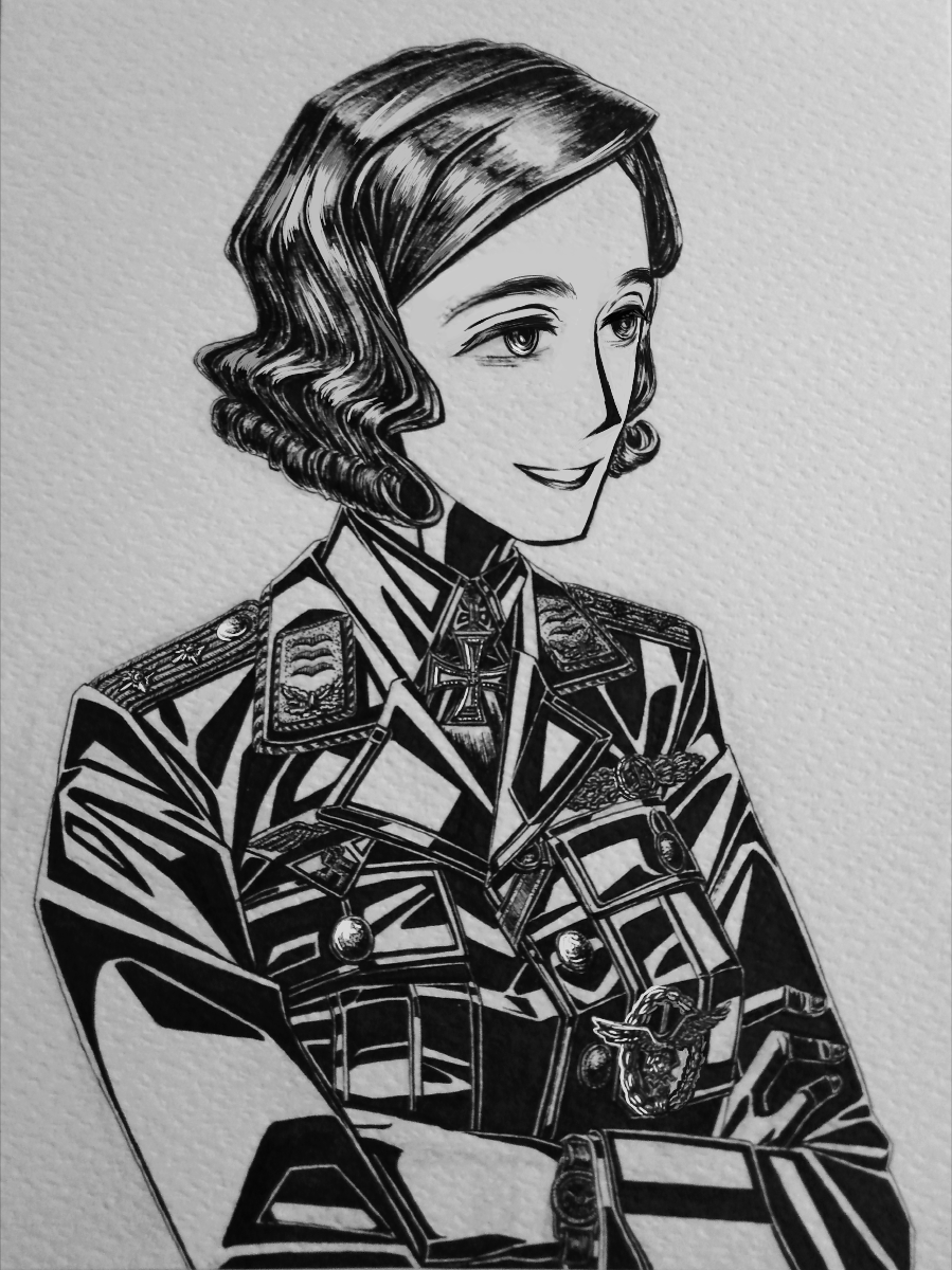 1girl, bordfunker133, breast_pocket, breasts, collar_tabs, cross, crossed_arms, curly_hair
