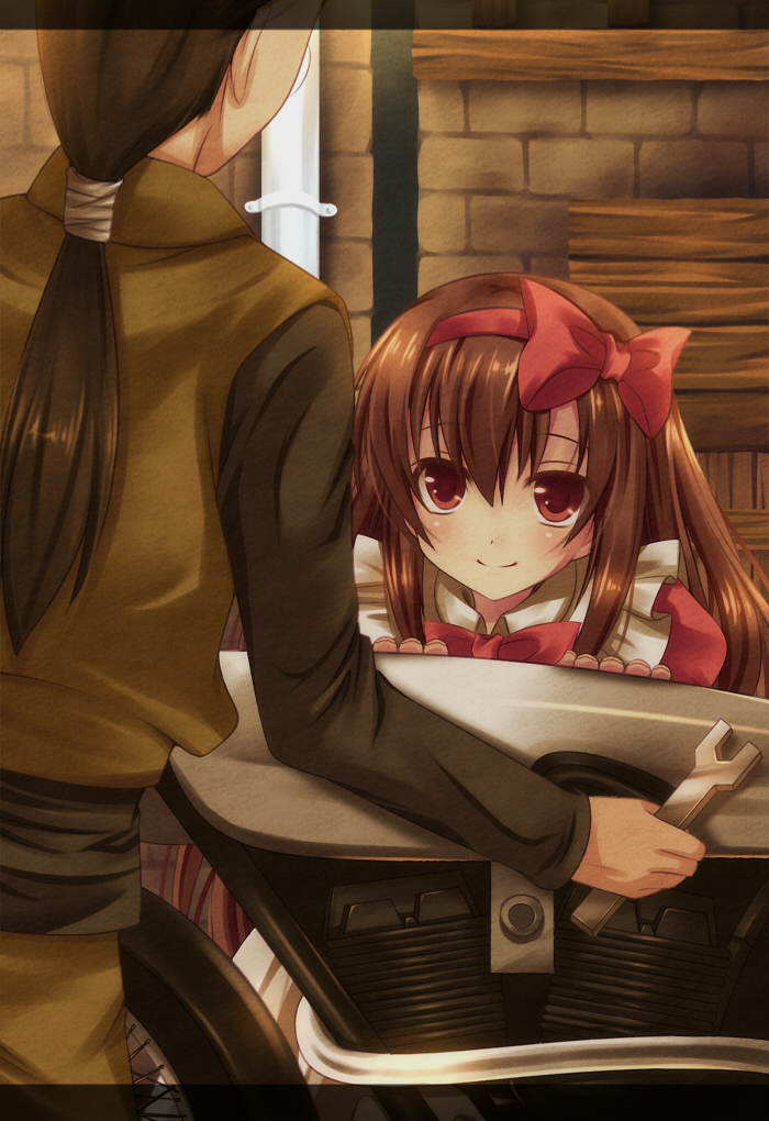 1boy, 1girl, alternate_costume, alternate_hairstyle, black_hair, bow, brown_hair, closed_mouth