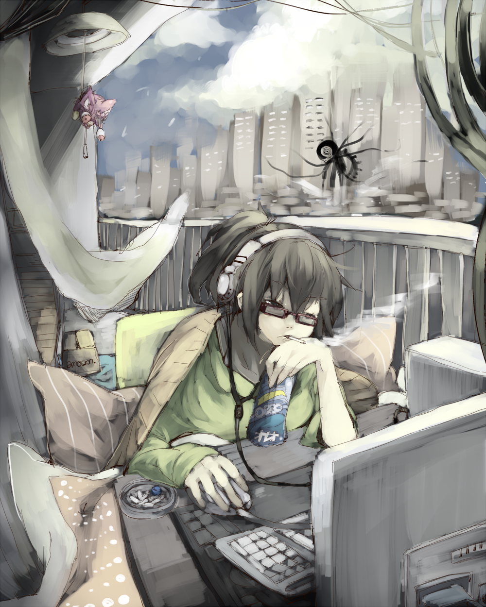 ashtray, bad_id, black_hair, chin_rest, cigarette, city, computer, computer_mouse