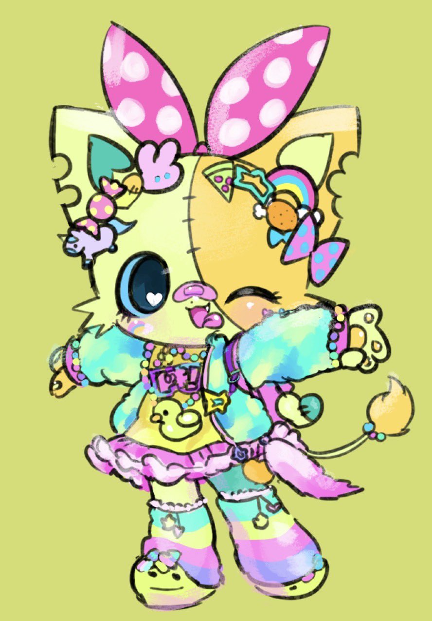 1girl, ;d, alternate_costume, animal_ears, arms_up, bandaid, bandaid_on_face, bandaid_on_nose, bead_bracelet, bead_necklace, beads, beatcats, blue_eyes, blue_jacket, bow, bracelet, cat_ears, cat_girl, chibi, chibi_only, commentary, decora, fashion, full_body, furry, furry_female, hairband, highres, jacket, jewelry, leg_warmers, lion_tail, looking_at_viewer, magicalmirurun, multicolored_leg_warmers, necklace, one_eye_closed, open_clothes, open_jacket, pawpads, pink_bow, pink_hairband, pink_skirt, polka_dot, polka_dot_bow, rico_(beatcats), rubber_duck, sanrio, shirt, shoes, simple_background, skirt, smile, smiley_face, solo, standing, stitched_face, stitches, tachi-e, tail, tail_keychain, tongue, tongue_out, too_many_hair_ornaments, yellow_background, yellow_shirt