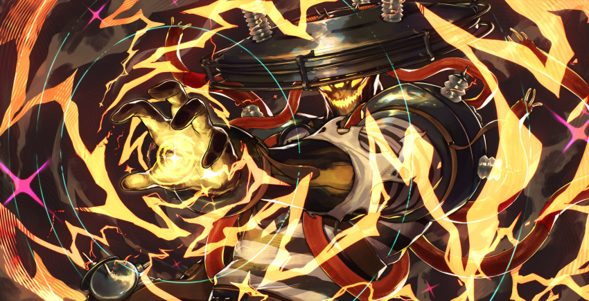 1boy, absurdres, aoran_p.b., coil, commentary, cuffs, deadlock_(game), electricity
