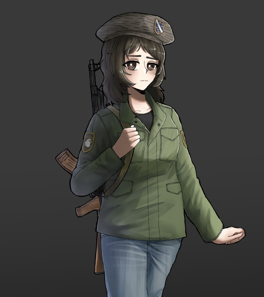 ak-47, assault_rifle, beret, bosnia_and_herzegovina, brown_eyes, brown_hair, commentary, denim