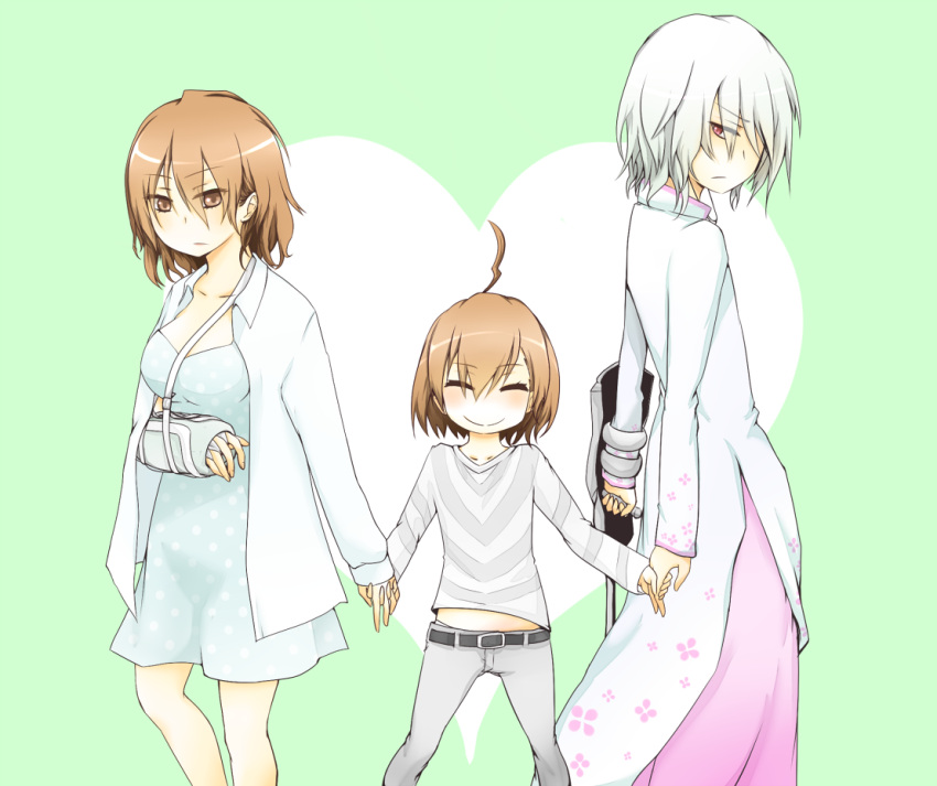 accelerator_family, ahoge, albino, brown_eyes, brown_hair, cast, cosplay, crutch, dress, hand_holding, holding_hands, i.u.y, last_order, misaka_worst, misaka_worst_(cosplay), red_eyes, shirt, short_hair, side_slit, smile, striped, striped_shirt, to_aru_majutsu_no_index, vietnamese_dress, white_hair