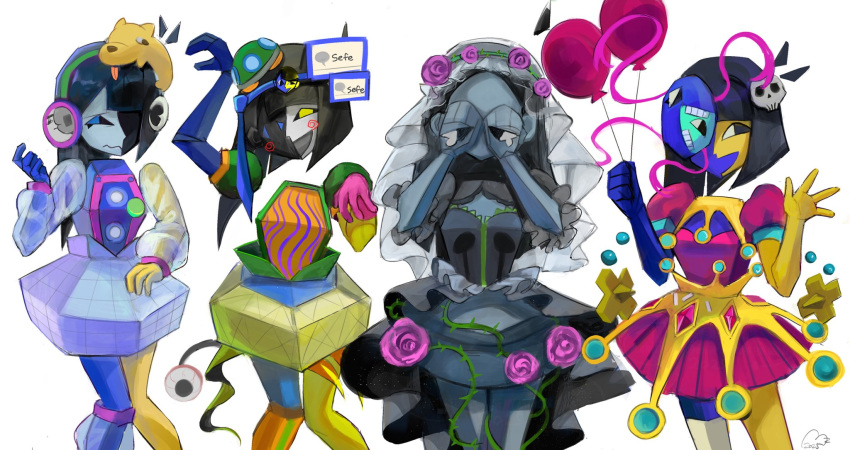 4girls, alternate_costume, balloon, black_hair, blue_eyes, blue_skin, blunt_bangs, bob_cut