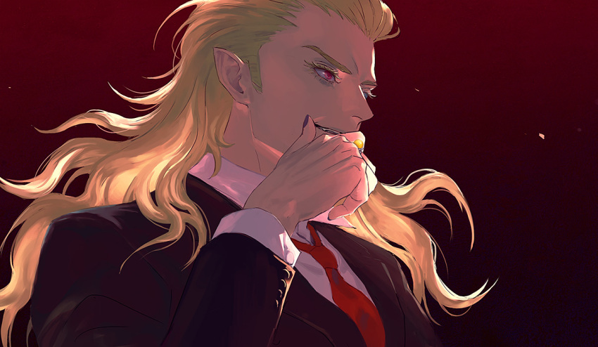 >:), 1boy, black_cuff_links, black_nails, black_suit, blonde_hair, commentary_request, cuff_links