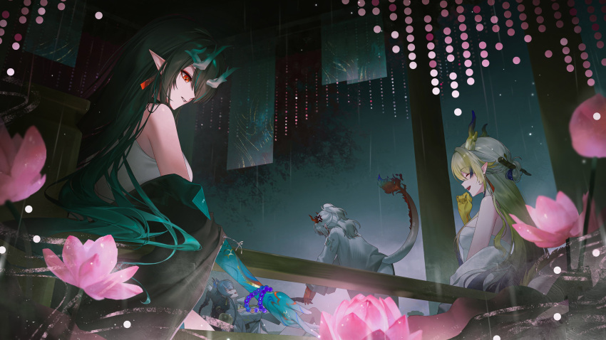4girls, absurdres, arknights, bare_shoulders, black_coat, black_hair, blonde_hair, blue_hair